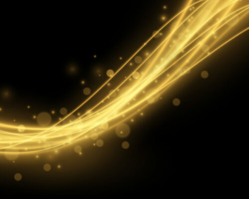 Light effect with glowing gold wavy lines and sparkles isolated